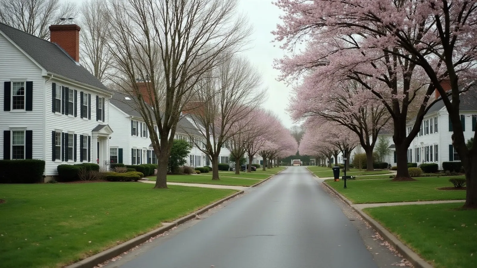 Tree-lined suburban street of two-story colonial homes with white siding in spring