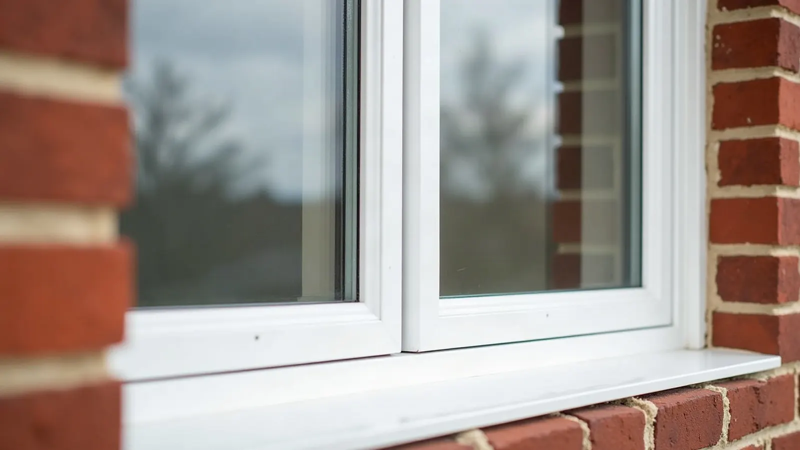 Close-up of a new white double-hung replacement window set in a red brick wall with fresh trim
